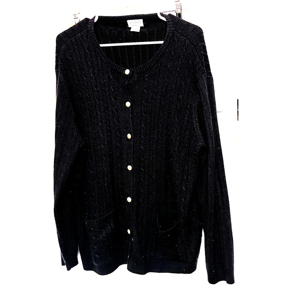 VTG Classic Elements cable knit cardigan Black w/ gold buttons pockets 20/22W - Picture 1 of 6